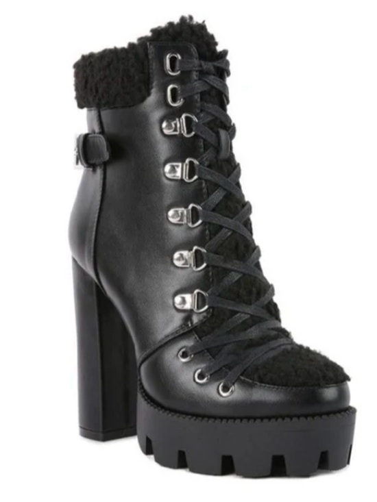 London Rag Shoes - Women’s Black Shearling-Trim Lug Heeled Ankle Boots